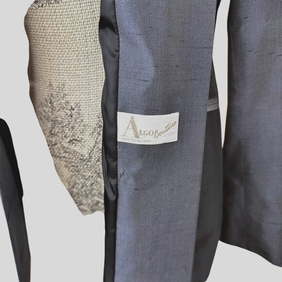 VTG ALGO COUTURE Switzerland Silk Blazer Pants Suit Gray 2pc 80s Power Suit Sz 8 - Picture 2 of 13